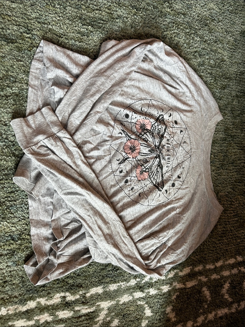Women’s Light Gray Long-Sleeve Tee with Moth & Pink Floral Graphic